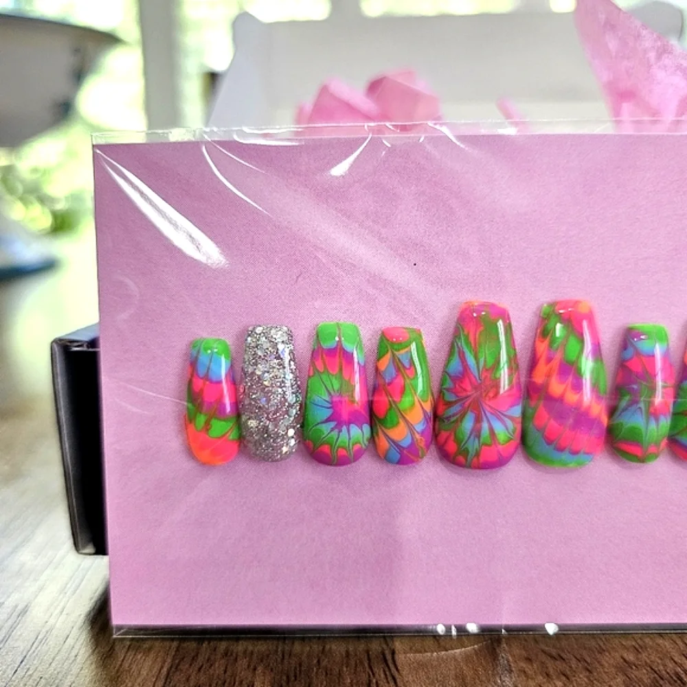 Neon Tie Dye and Glitter Press-On Nails